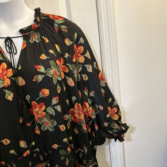 Terra & Sky Black Red Floral Maxi Dress Plus Size 5X 3/4 Sleeve Keyhole Tie Neck - Picture 13 of 16
